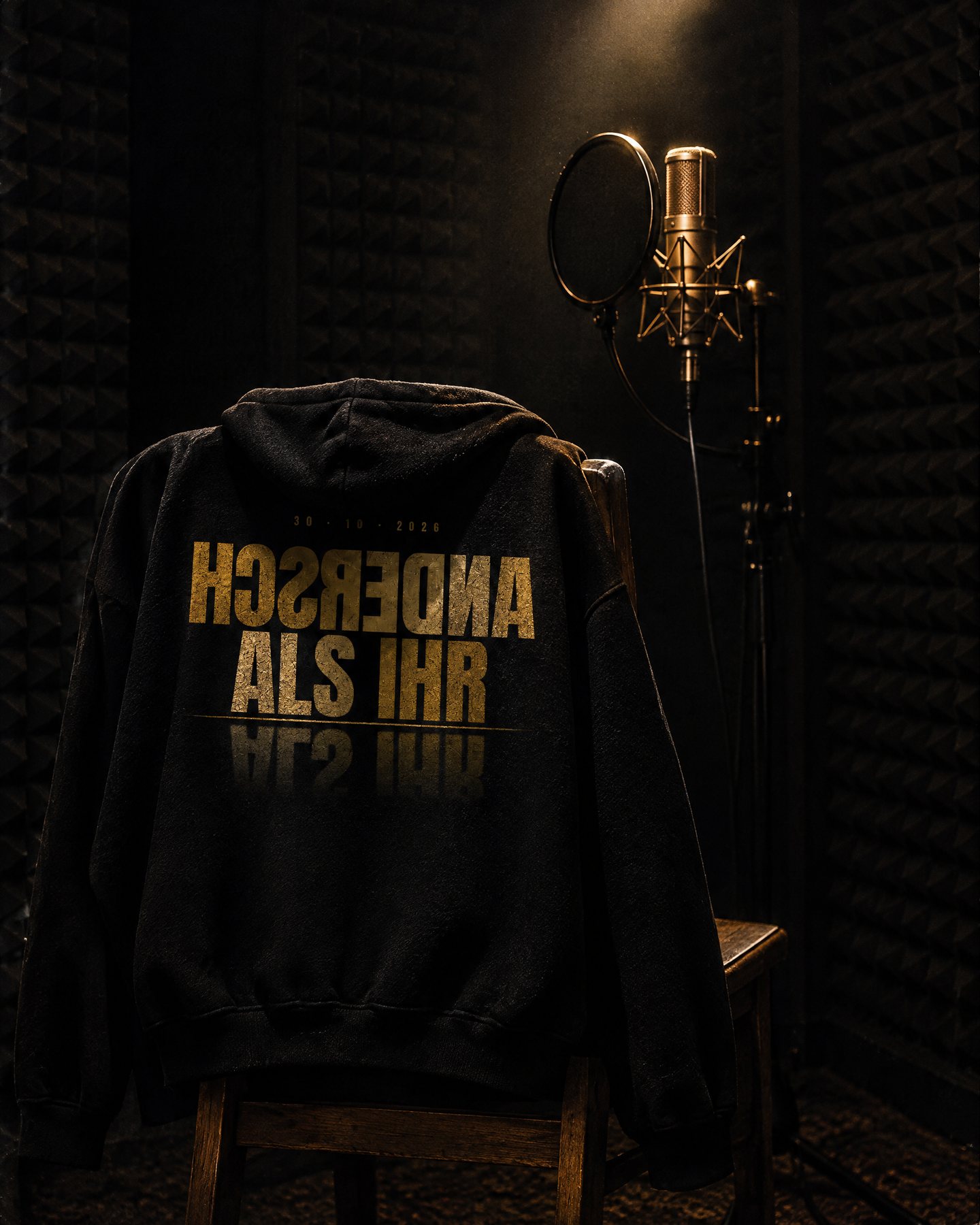Hoodie «Spiegel» über einem Stuhl in der Gesangskabine